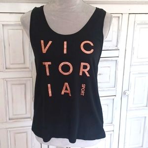 Victoria Sport tank, black with gold glitter letters, size small
